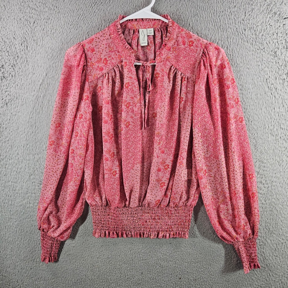 Joie Pink Floral Metallic Smocked Blouse Ruffle Neck Keyhole Top Small